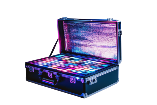 A vibrant color-changing light case illuminated against a soft background, showcasing creativity and innovation in design and technology isolated on transparent background