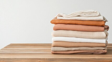 Stacked Textiles in Neutral Tones on Wooden Surface for Cozy Home Decor Inspiration