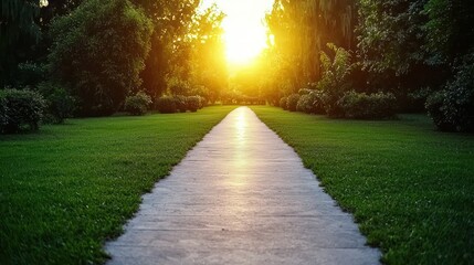 Park Pathway at Sunset, Sunlight Streaking, Lush Green Grass, Peaceful Scene