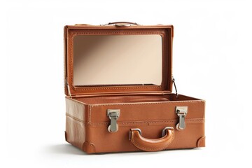 Elegant vintage leather suitcase with a mirror, perfect for travel, styled decor, or nostalgic memorabilia on a timeless backdrop isolated on transparent background