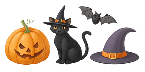 Halloween Cat, Pumpkin, Bat and Witch Hat Illustration - Isolated on Transparent Background, clipart, october, Halloween, illustration, graphics