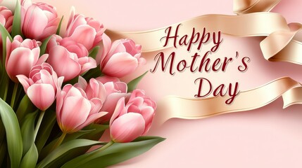 Pink tulips and a banner on a pastel pink background provide copy space for "Happy Mother's Day" greeting card and postcard design visuals.