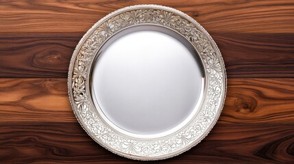 Elegant Silver Plate with Intricate Floral Design on Wooden Surface for Decorative Purpose