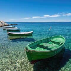 Naklejka premium A serene coastal scene featuring green boats resting on the shore, evoking feelings of peace and leisure by the sea