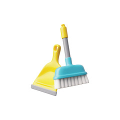 3d vector set of cleaning accessories with plastic dustpan and brush.