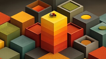 Obraz premium Colorful Geometric Shapes with Insect on Block in Abstract Design and Vibrant Palette