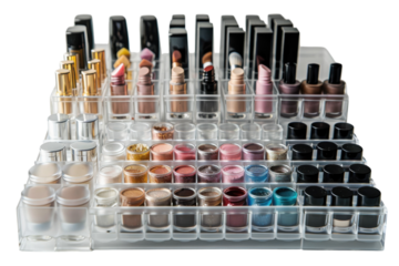 An organized display of colorful cosmetics arranged neatly on a clear makeup organizer showcasing beauty essentials for every occasion isolated on transparent background
