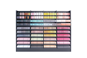 A vibrant shelf displays an array of colorful nail polish, showcasing an organized selection in a modern beauty store isolated on transparent background