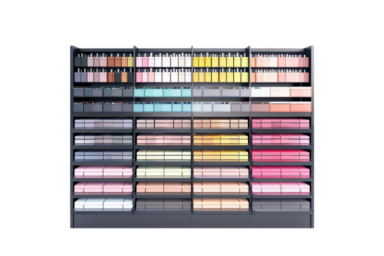 A vibrant shelf displays an array of colorful nail polish, showcasing an organized selection in a modern beauty store isolated on transparent background
