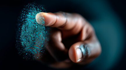 Fingerprint scan overlay on blurred hand photo, modern biometrics security concept 