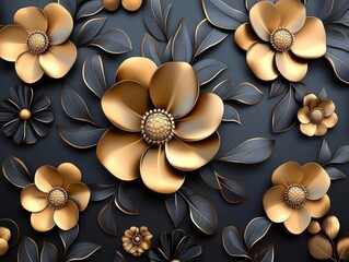 Gold and black flower pattern design with 3D paper cut design aesthetic for home decor, wallpaper and more.