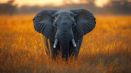 Obraz premium Elephant standing in golden grass at sunset, creating majestic scene