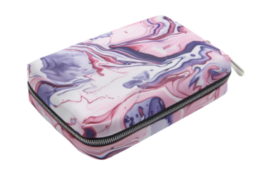 Colorful marbled zipper pouch resting on a clean surface, showcasing artistic design and vibrant hues with a playful mix of pink and purple tones isolated on transparent background