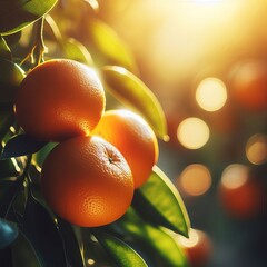 Close-up view clementines on tree branch, sunlight on blurred background. Ripe orange citrus fruits in orchard garden. Fresh fruits, organic nutrition and healthy eating, growing in natural eco farm.