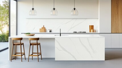 Modern Minimalist Kitchen Design with White Marble Countertops and Stylish Wooden Bar Stools