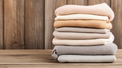 Stacked Cozy Sweaters in Soft Neutral Tones on a Rustic Wooden Background