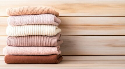 Cozy Stack of Soft Knit Sweaters in Warm Colors Against a Rustic Wooden Background