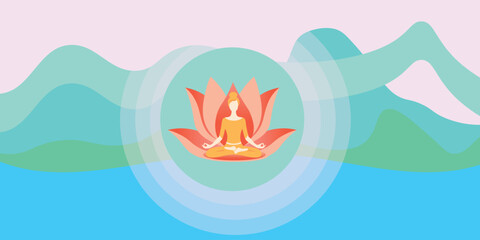 Spiritual woman meditating on orange lotus with radiant aura, surrounded by mountains and water. Symbol of inner peace, self-discovery and divine energy. Ideal for yoga and healing themes.