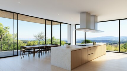 Modern Bright Kitchen with Open Concept and Scenic View of Nature in Contemporary Home