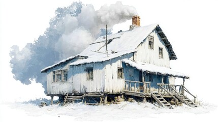 Snowy Wooden Cabin with Smoky Chimney in a Winter Landscape under a Clear Blue Sky