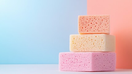 Colorful kitchen sponges stacked on a surface against a gradient blue and pink background