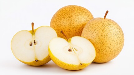 Fresh Asian Pears on White Background with Sliced Half Exposing Juicy White Flesh and Seeds