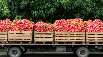 Freshly Harvested Peaches Transported on Truck with Green Fruit Trees in Background