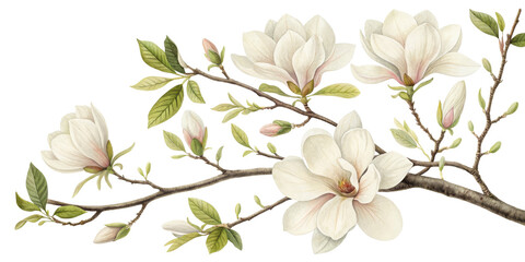 Fototapeta premium Magnolia Branch Watercolor Painting, Isolated on Transparent Background, Botanical Illustration, Floral Design, Magnolia, Watercolor, Botanical