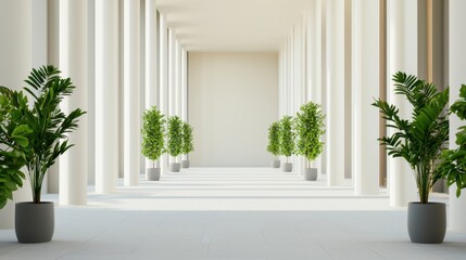 Modern interior design with tall columns and vibrant green plants in a spacious bright hallway