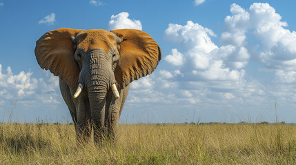 Fototapeta premium Elephant standing in grassy field under blue sky with clouds