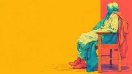 Fototapeta premium Colorful Artistic Illustration of a Person Sitting in Chair Against Bold Yellow and Red Background