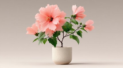 Beautiful pink hibiscus flower arrangement in a ceramic pot on a neutral background
