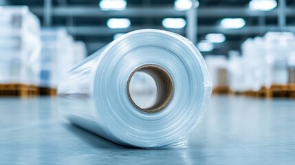 Clear Plastic Film Roll on Warehouse Floor for Packaging and Protection Use in Logistics and Shipping Operations