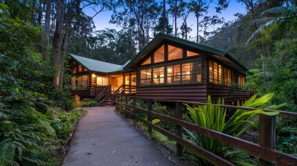 Tranquil log cabin nestled in rainforest at dusk