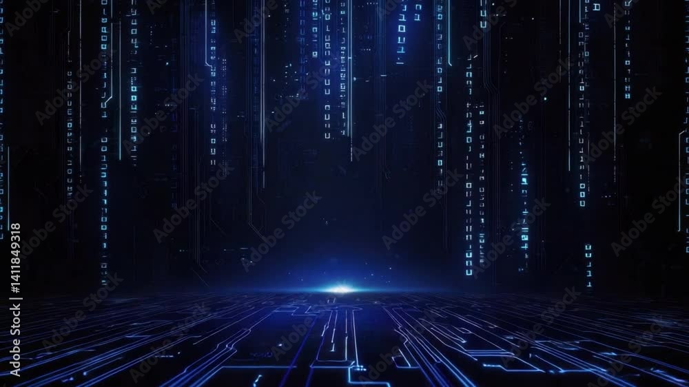 Poster futuristic digital background with glowing blue lines and binary code in a high-tech environment