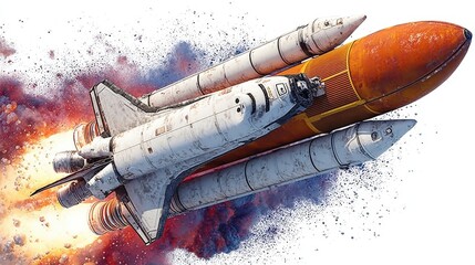 Fototapeta premium Rocket Launch with Flames and Smoke Against a White Background in a Dramatic Space Scene