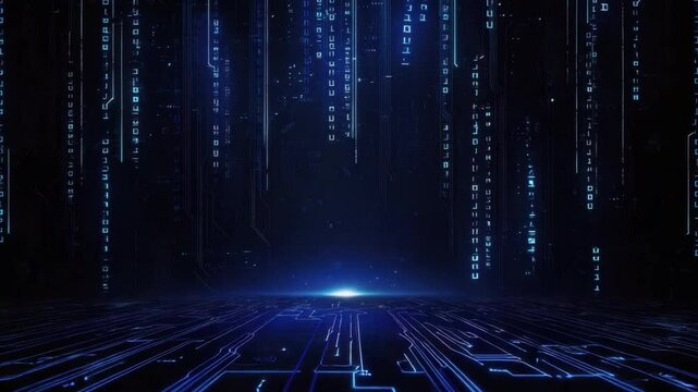 Futuristic Digital Background with Glowing Blue Lines and Binary Code in a High-Tech Environment