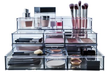 A beautifully organized acrylic makeup display showcasing a vibrant collection of cosmetics and beauty tools in a bright setting isolated on transparent background
