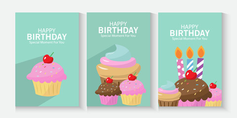 Happy birthday greeting card poster, flayer, banner, collection set, Birthday greeting template design with cupcake and colorful balloons decoration elements for party invitation card background.	