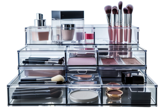 A beautifully organized acrylic makeup display showcasing a vibrant collection of cosmetics and beauty tools in a bright setting isolated on transparent background
