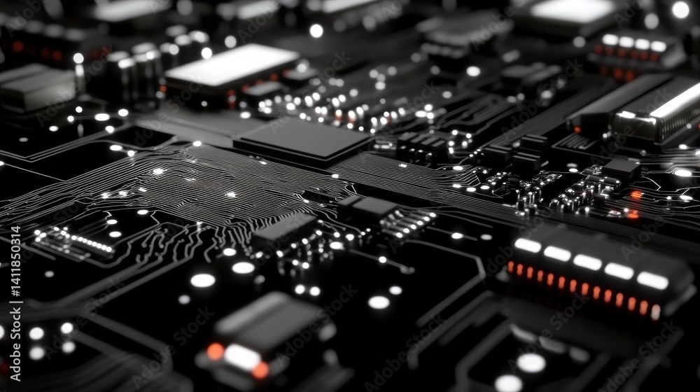 Poster close-up view of complex circuit board design with microchips