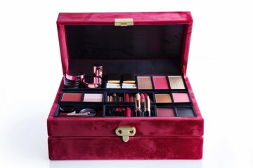 Luxurious red makeup case filled with an array of cosmetics and tools ready for creative beauty moments and makeup application isolated on transparent background