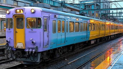 Obraz premium Colorful train at a modern railway station platform with reflections on wet tracks