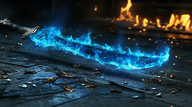A mystical blue flaming sword rests on a stone floor scattered with coins, glowing in a dimly lit forge