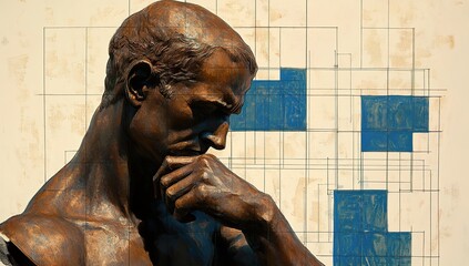Bronze Statue of The Thinker in Front of Architectural Drawing with Blue Squares and White Lines, Capturing Deep Thought with Intricate Details and Realistic Depiction of Human Thought Process