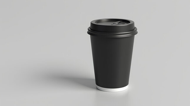 Blank black and white disposable paper cup with plastic lid mock up isolated, 3d rendering. Empty polystyrene coffee drinking mug mockup front view. Clear plain tea take away package