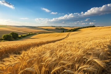 wheat field under bright blue sky