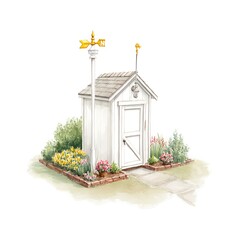 This charming watercolor illustration depicts a small white garden shed nestled amidst colorful flowerbeds and greenery. 