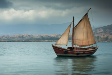 Naklejka premium Small wooden sailboat with beige sails floating on calm water near the coast of a touristic city under a cloudy sky