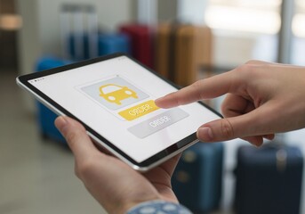 Person booking a car using a tablet in an airport setting  